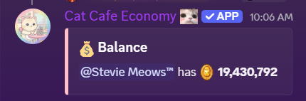 Cat Cafe Economy balance command showing a player's current coin total