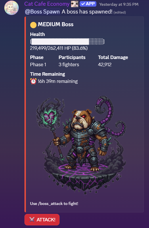 Cat Cafe Economy boss fight showing HP bar, phase, and attack results