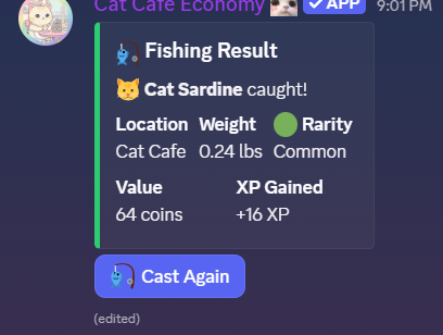 Cat Cafe Economy fishing result showing species, weight, rarity, and coin value