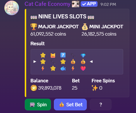 Cat Cafe Economy slot machine result in Discord