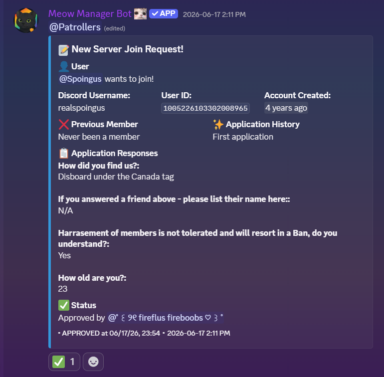 Meow Manager member application embed showing applicant info, form responses, and approval status