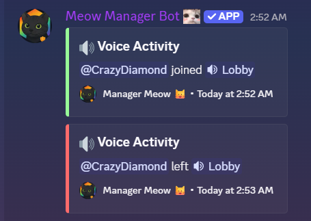 Meow Manager audit log showing voice activity — a member joining and leaving a voice channel