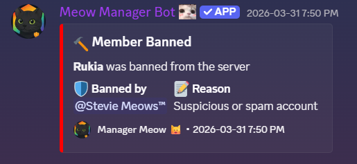 Meow Manager ban log embed showing the banned member, who issued the ban, and the reason