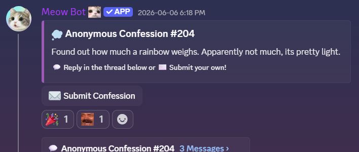 Anonymous confession embed posted by Meow Bot