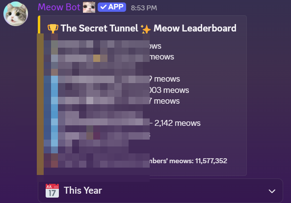 Meow Bot server leaderboard showing top meowers