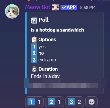 Meow Bot poll embed with emoji reactions for voting