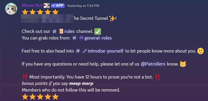 Meow Bot welcome message greeting a new server member