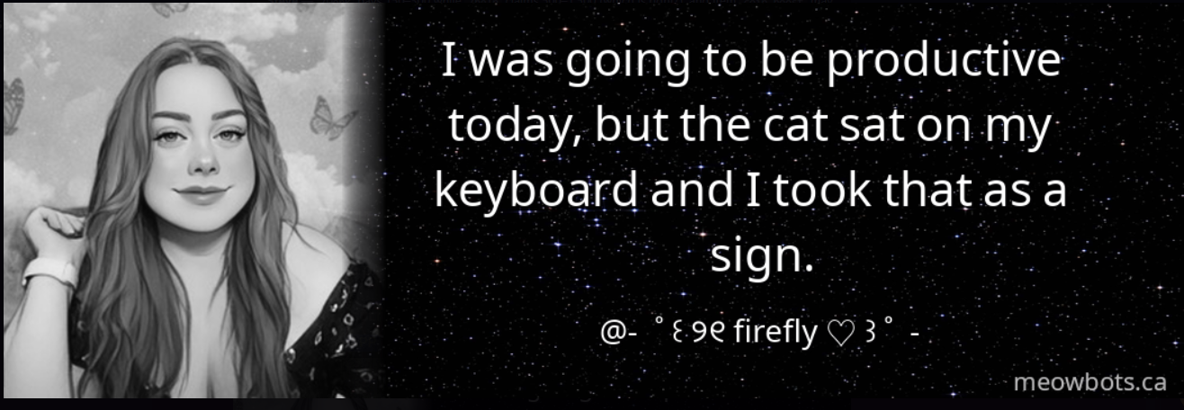 Meow Quotes rendered quote card with grayscale avatar and white text on a dark background