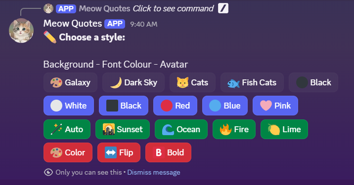 Meow Quotes style editor showing background, font colour, and avatar toggle buttons